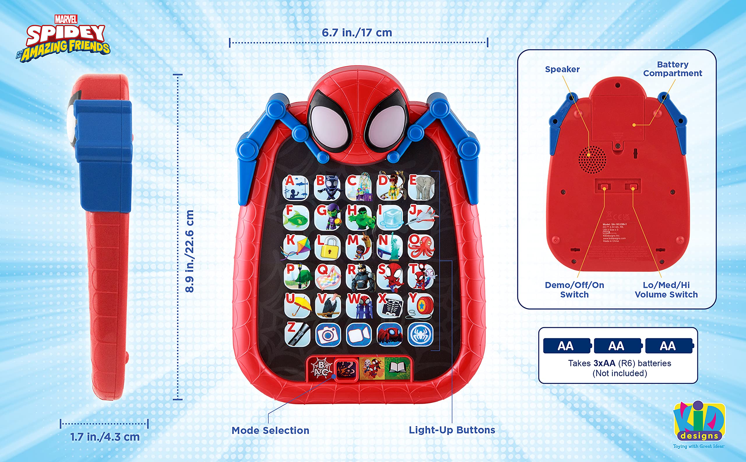 ekids Spidey 30 interactive buttons guide phonics and language play.