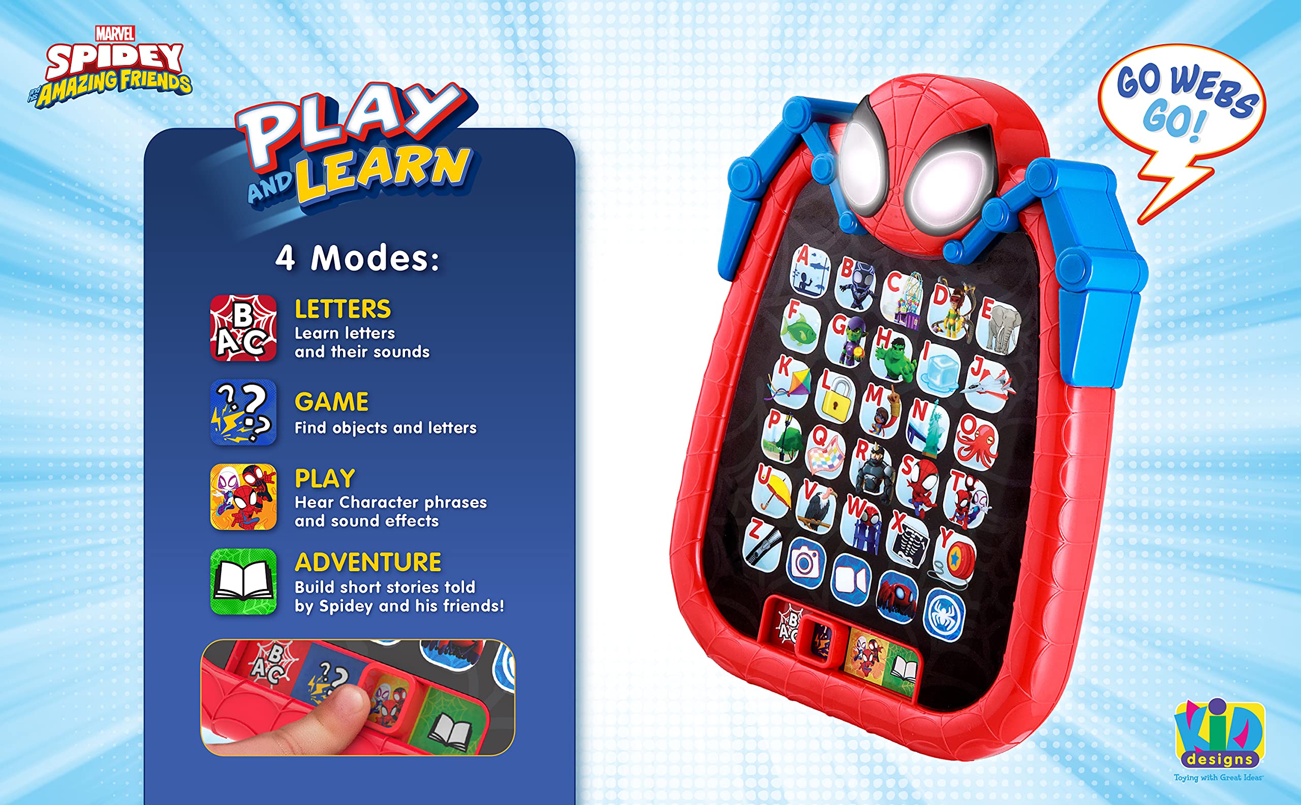 ekids Spidey Letters mode screen supports alphabet learning for preschoolers.