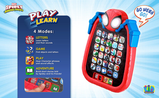 ekids Spidey Letters mode screen supports alphabet learning for preschoolers.