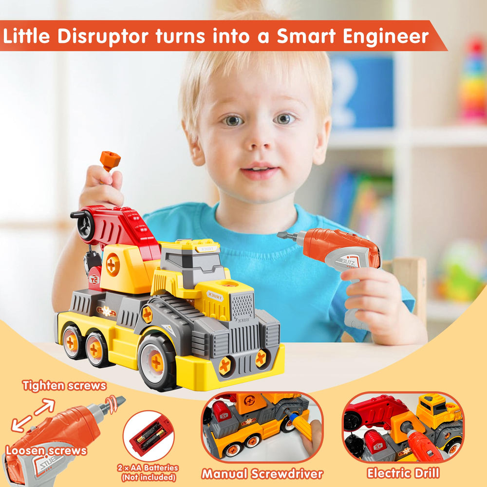 EKU EASYKU crane truck disassembly action highlights learning through take-apart play.