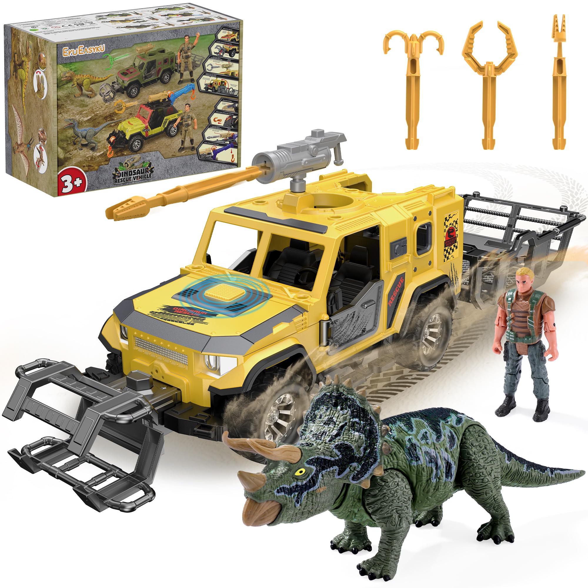 EKU EASYKU dinosaur rescue vehicle with yellow truck for imaginative rescue play.