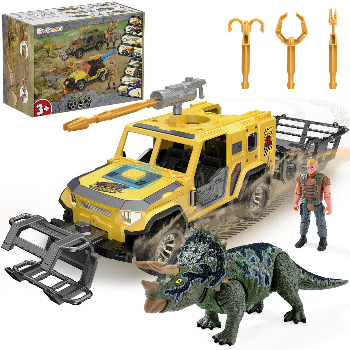 EKU EASYKU dinosaur rescue vehicle with yellow truck for imaginative rescue play.