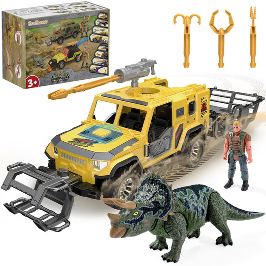 EKU EASYKU dinosaur rescue vehicle with yellow truck for imaginative rescue play.
