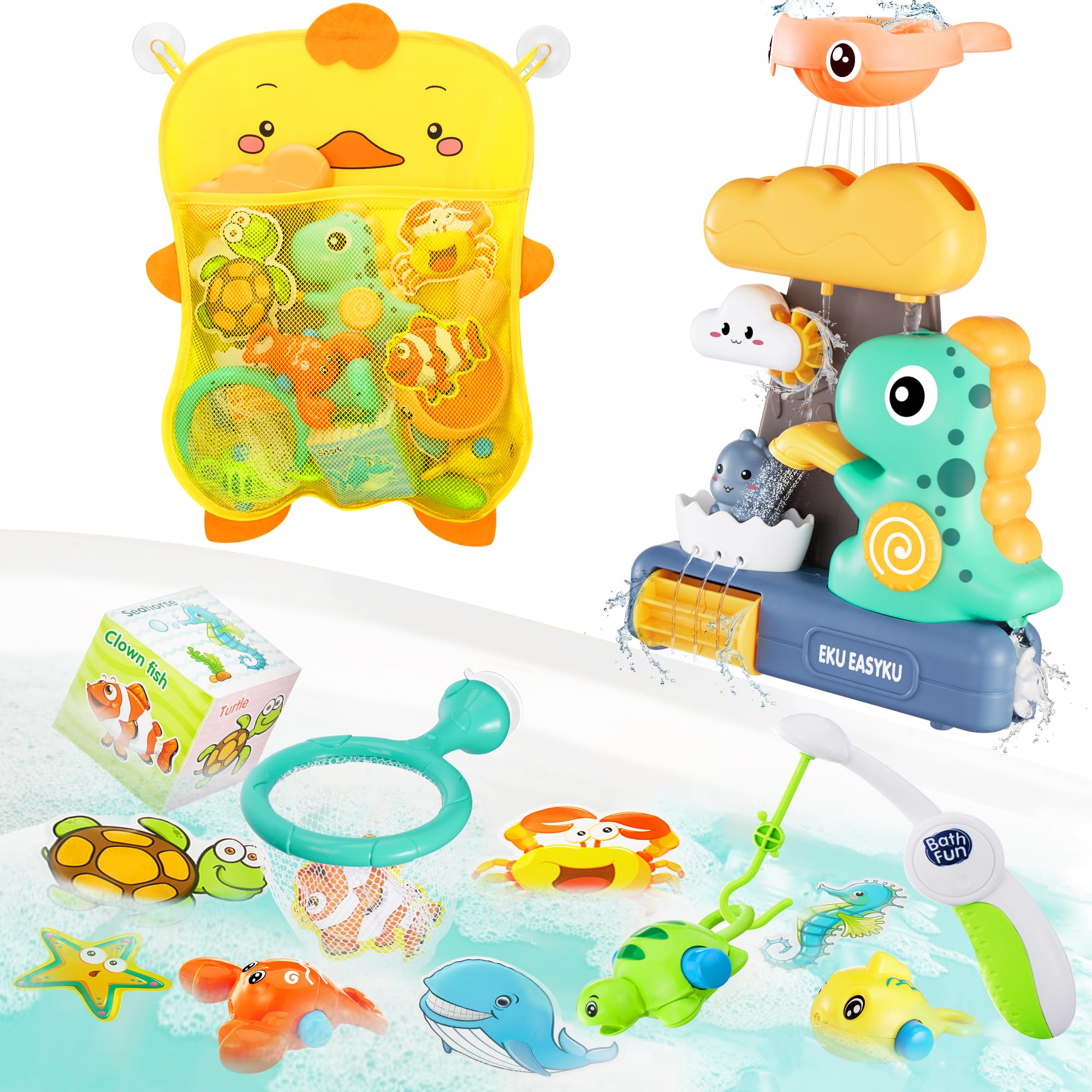 EKU EasyKU storage bag keeps bath toys organized and dry after use.