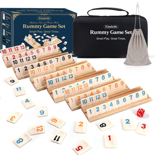 Elanbells Upgraded Rummy Cube board with tiles and racks, ideal for family game night.