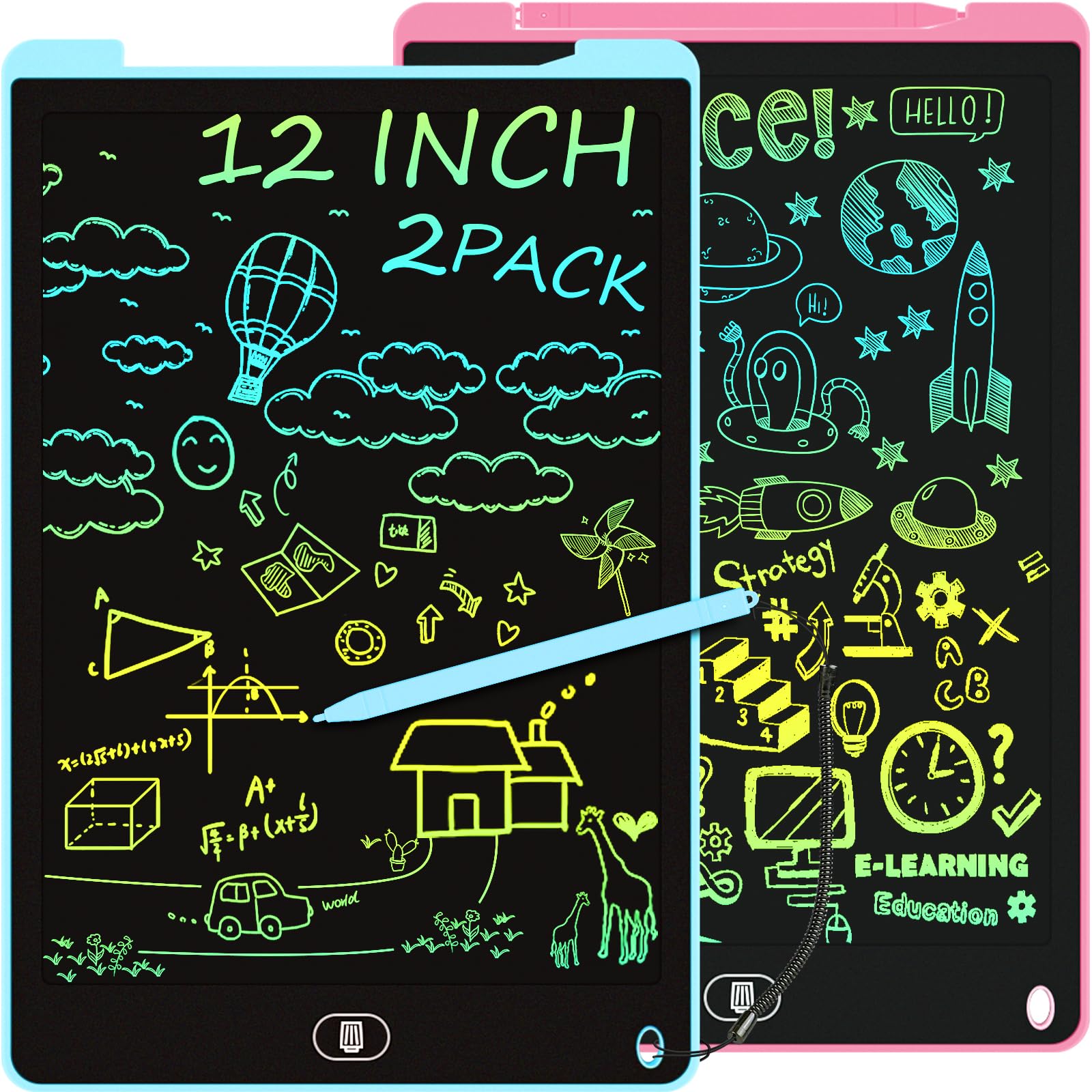 Electight 2-pack 12-inch LCD writing tablets in pink and blue for kids' doodles.