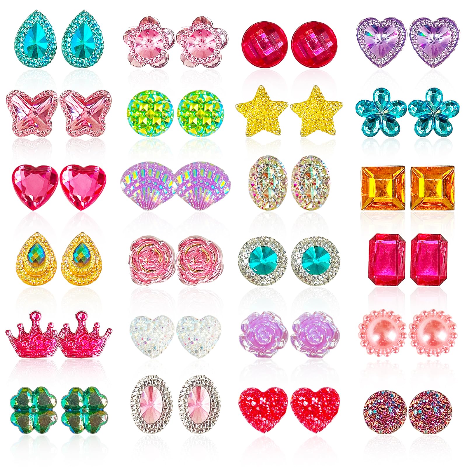 EleMirsa 24 designs clip-on earrings for kids, versatile dress-up options.