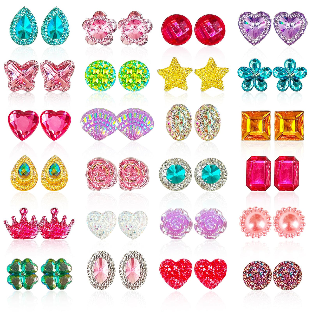 EleMirsa 24 designs clip-on earrings for kids, versatile dress-up options.