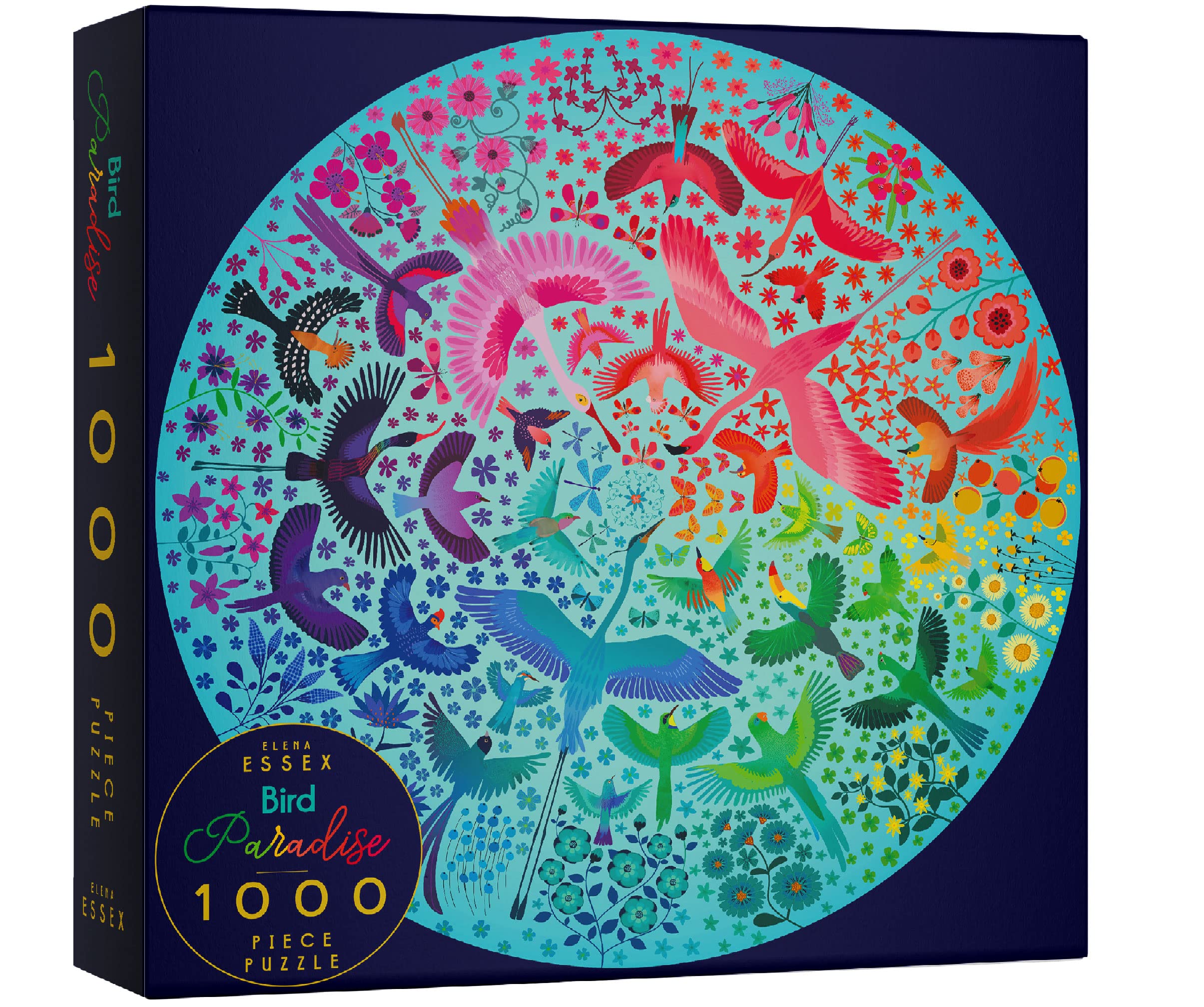 Elena Essex Bird Paradise round puzzle box shows vibrant colors for engaging setup
