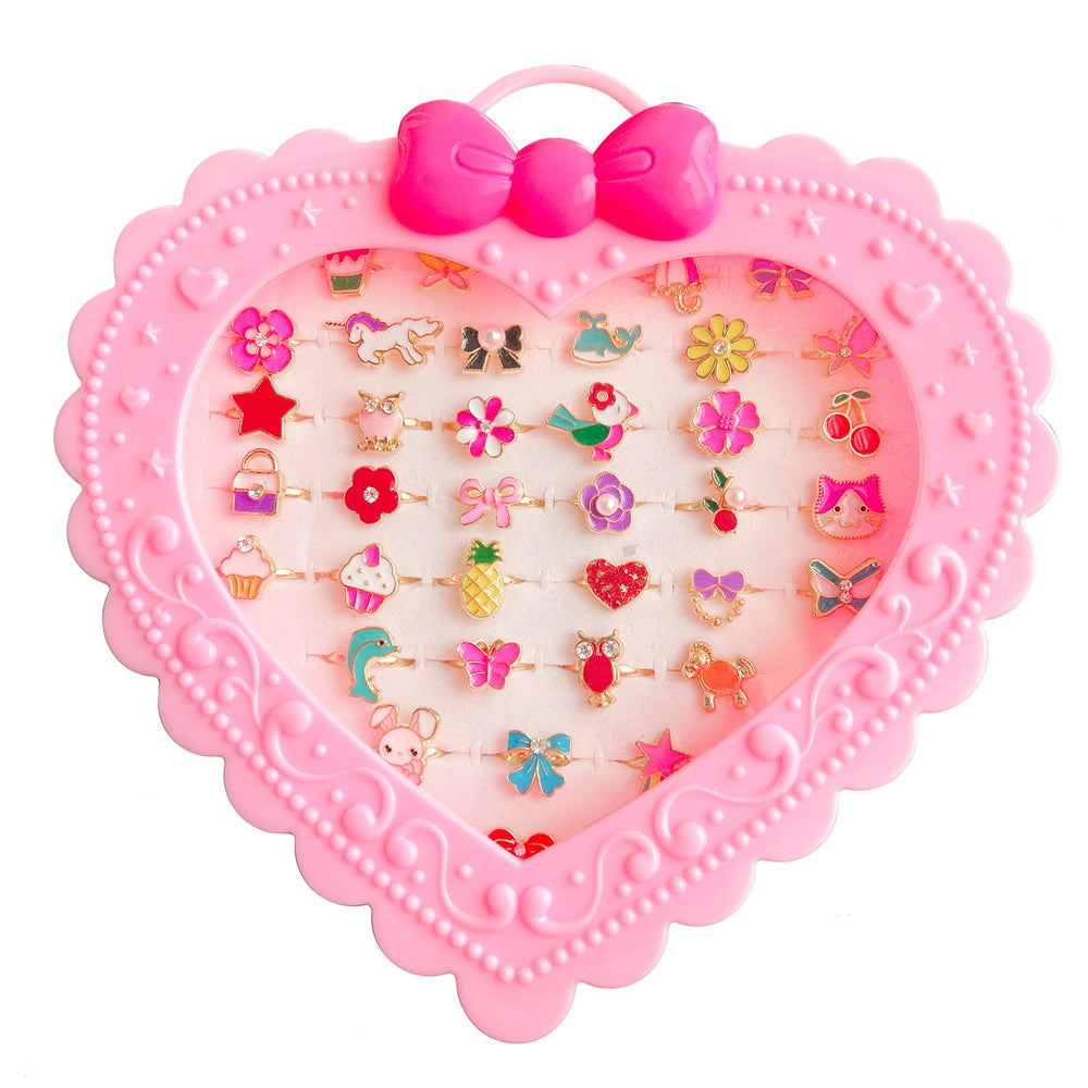 Elesa Miracle 36pc rings with pink heart display case for kids' dress-up.