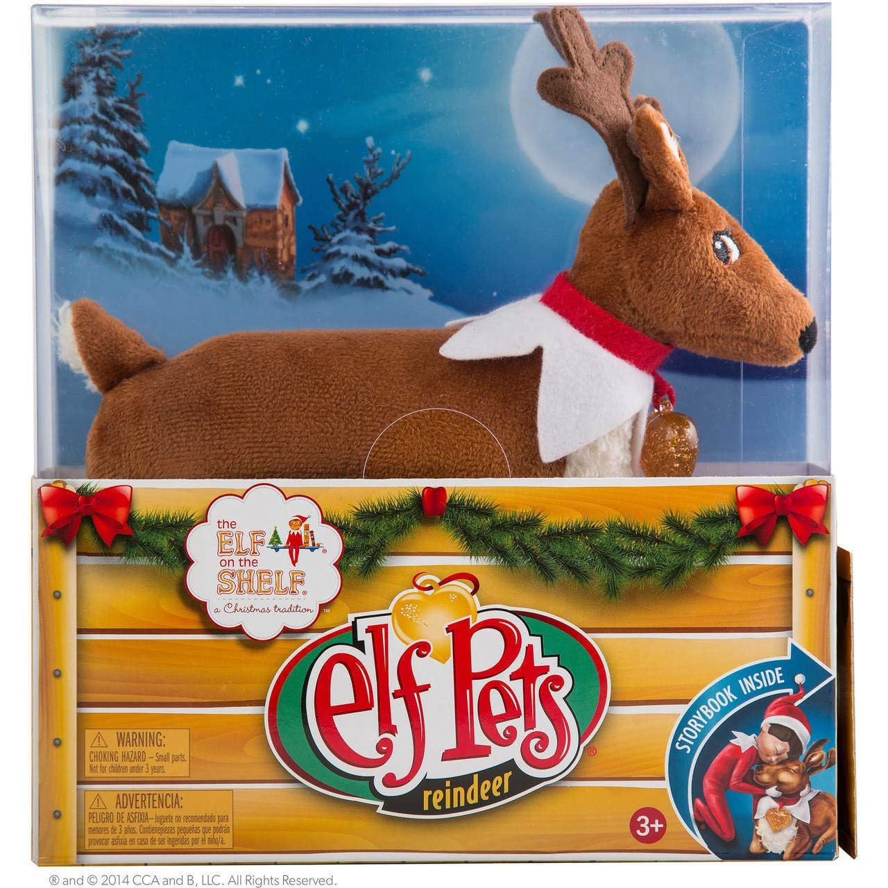 The Elf on the Shelf Pets Reindeer Tradition plush side view with book.