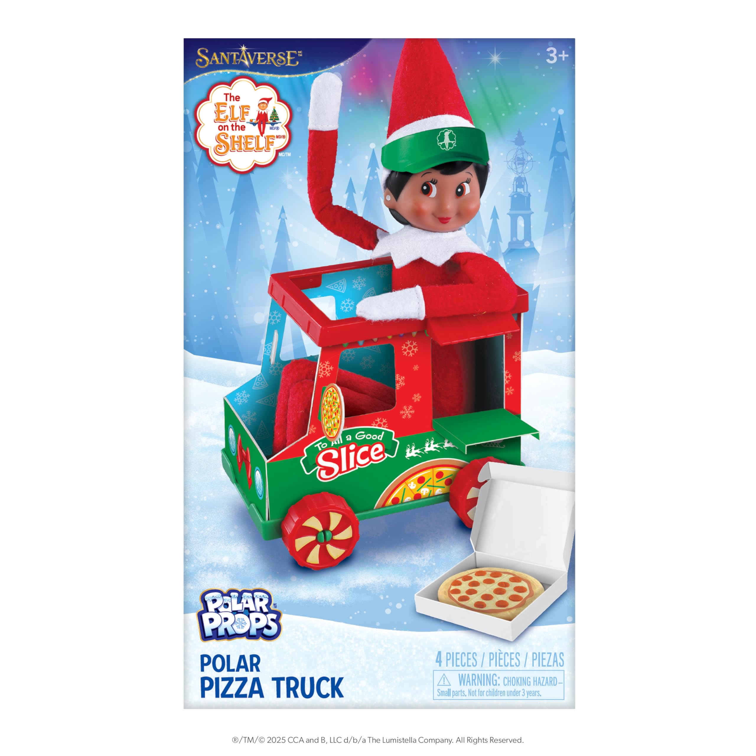 The Elf on the Shelf polar props pizza truck sparks festive family pizza night.