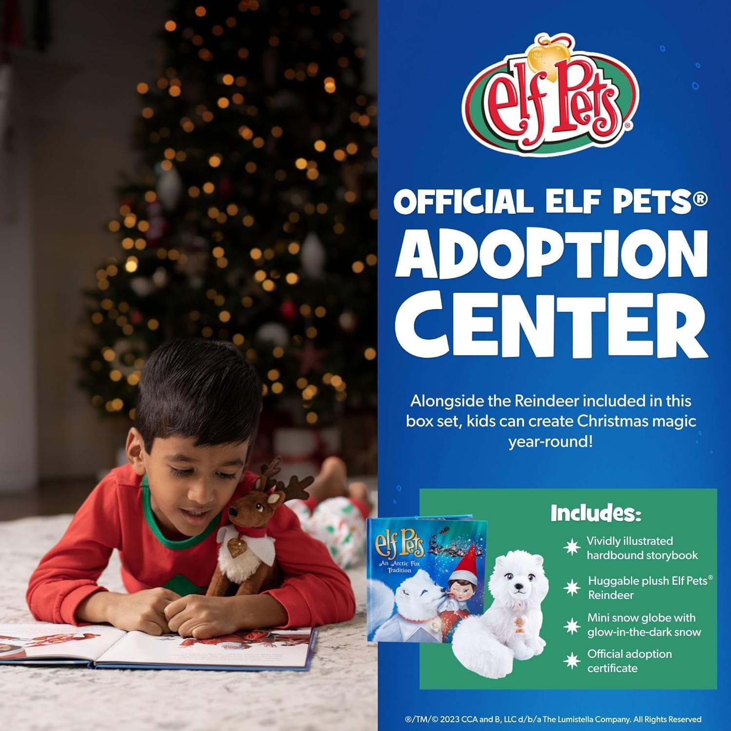 The Elf on the Shelf glow-in-the-dark snow globe lights the fox plush.