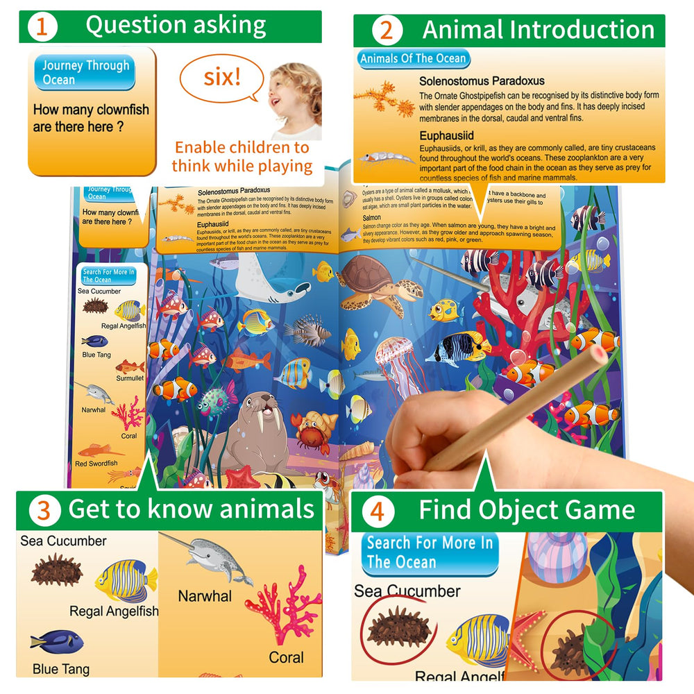 Elfew ocean scene page showing sea creatures to spot and learn