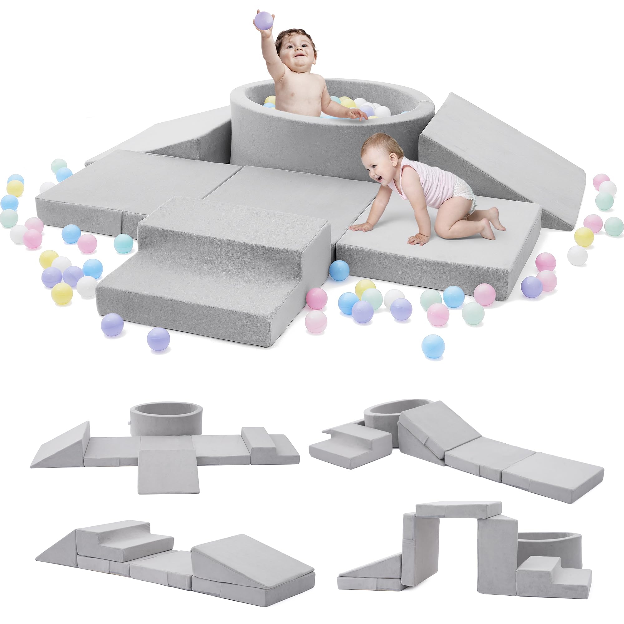 Elftopia foam climbing blocks ball pit stairs gray provide safe cushioned play for toddlers.