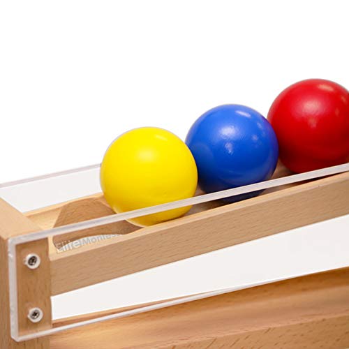 Elite Montessori Ball Tracker blue ball promotes color learning and grip control.