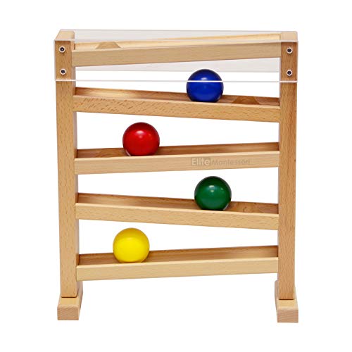 Elite Montessori Ball Tracker cyan ball supports concentration and hand-eye coordination.