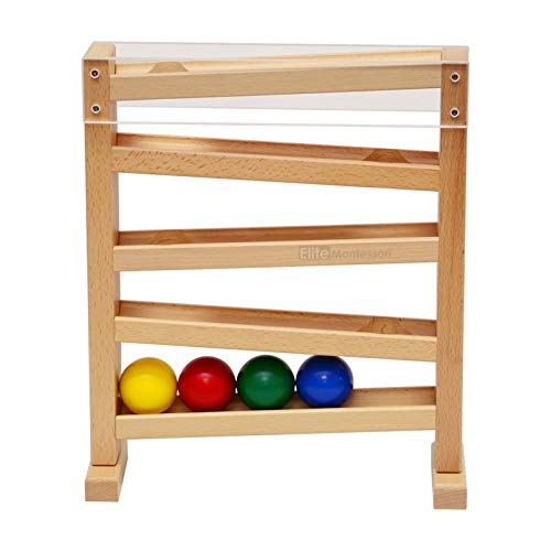 Elite Montessori Ball Tracker wooden frame provides sturdy setup and open play.