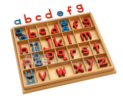 Elite Montessori movable alphabet with box, red and blue tiles for early word building.