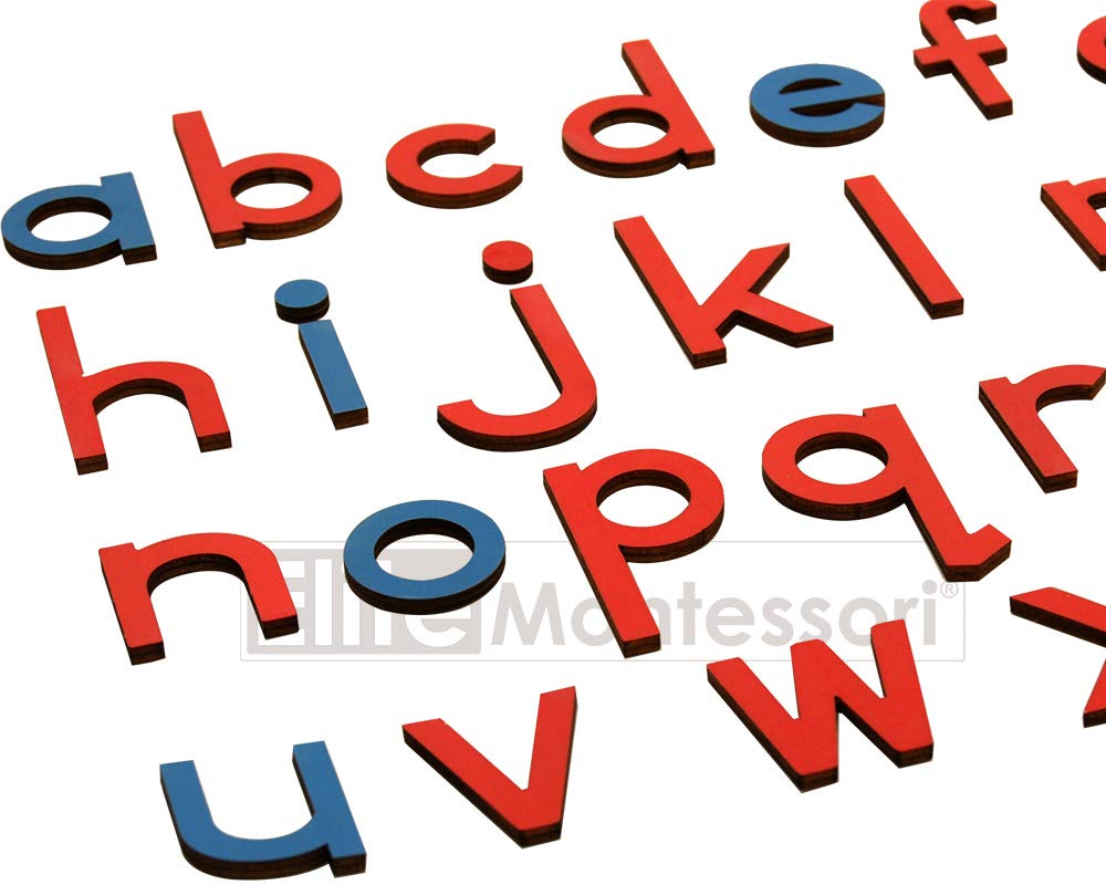 Elite Montessori red-blue movable alphabet set supports letter sound recall.