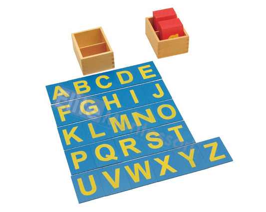 Elite Montessori uppercase blue letters for clear visual distinction and handwriting practice.