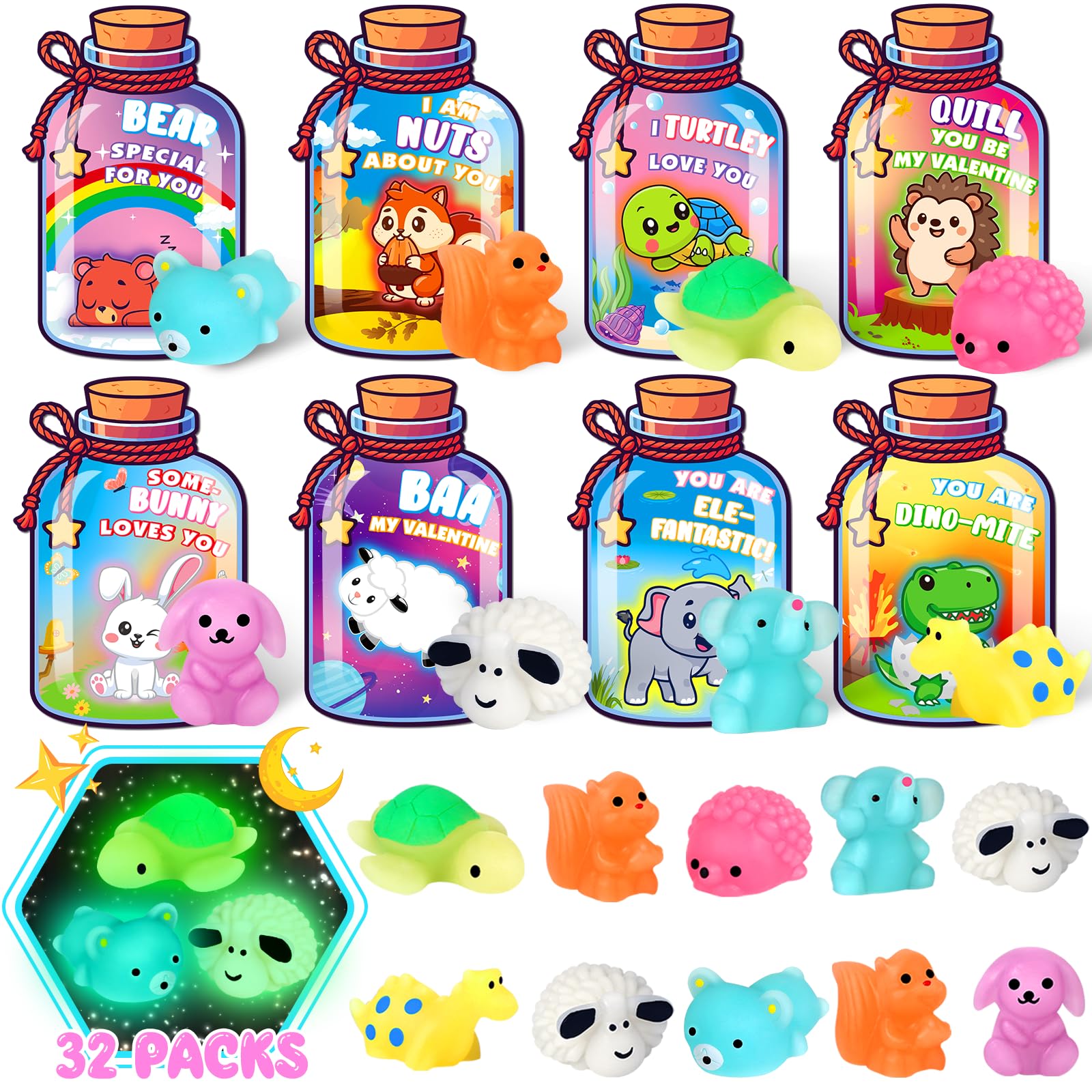 Ellinjan glow-in-the-dark squishy toys in eight animals for classroom fun.