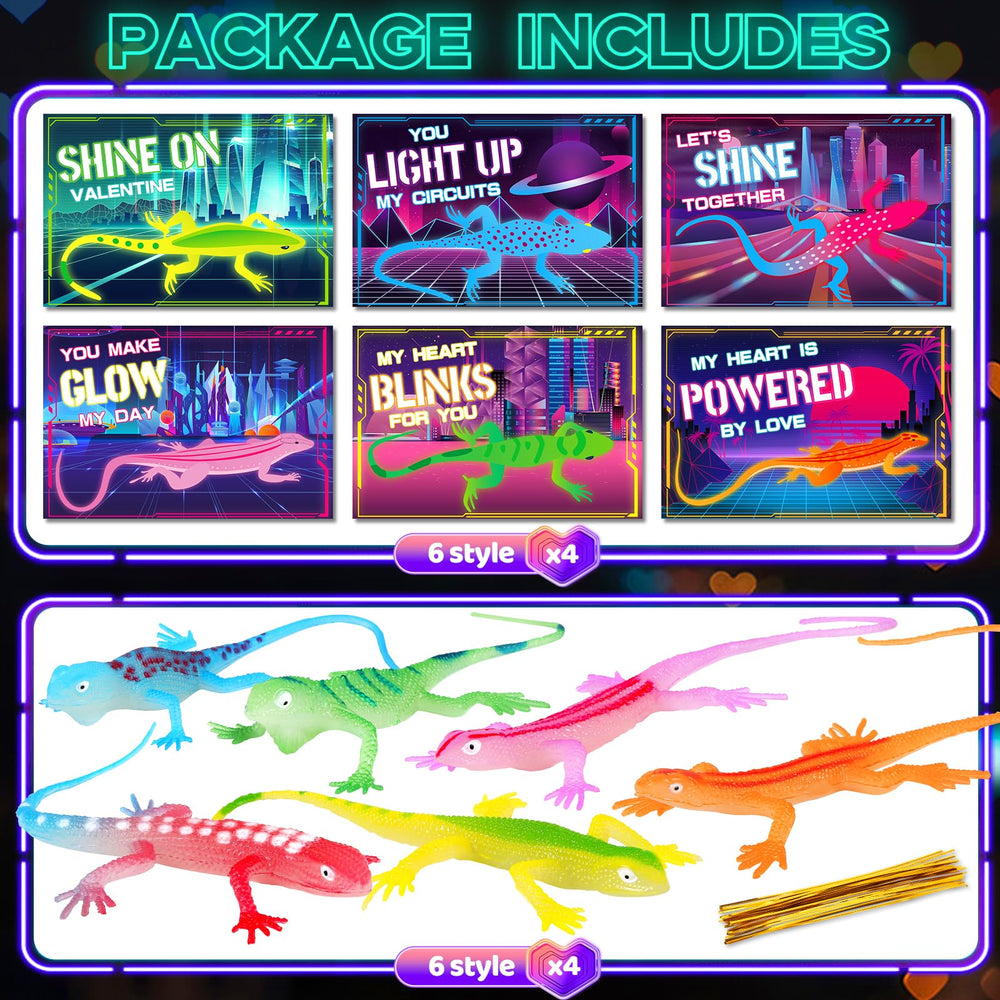 Six colorful designs paired with safe glow lizards for kids' Valentine gifts.