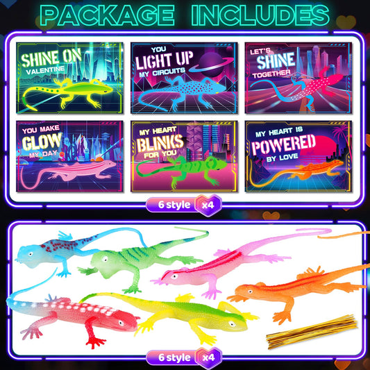 Six colorful designs paired with safe glow lizards for kids' Valentine gifts.