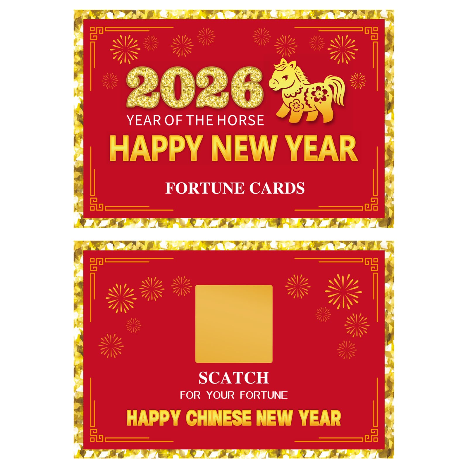 Ellzk year-of-the-horse decor cards pairing with red accents and gold foil.