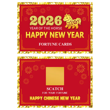 Ellzk year-of-the-horse decor cards pairing with red accents and gold foil.