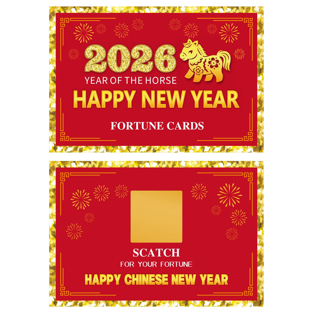 Ellzk year-of-the-horse decor cards pairing with red accents and gold foil.