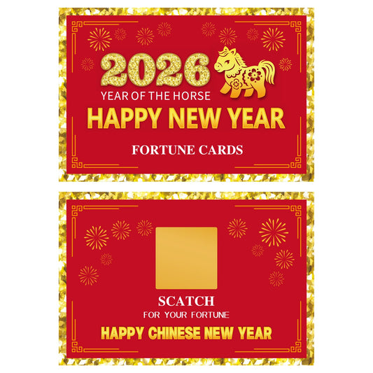 Ellzk year-of-the-horse decor cards pairing with red accents and gold foil.