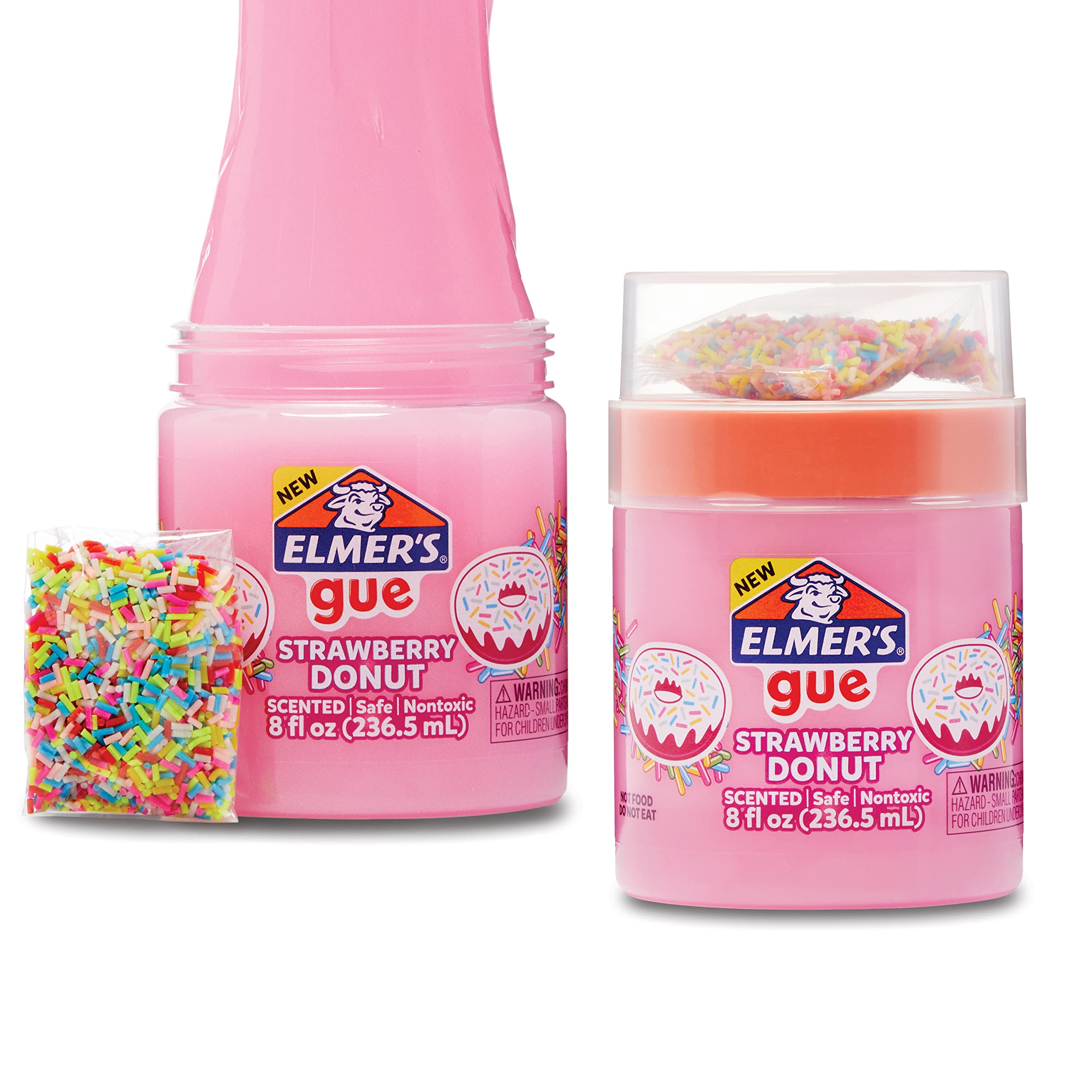 Elmer's Gue strawberry donut slime ready to play with fluffy texture.