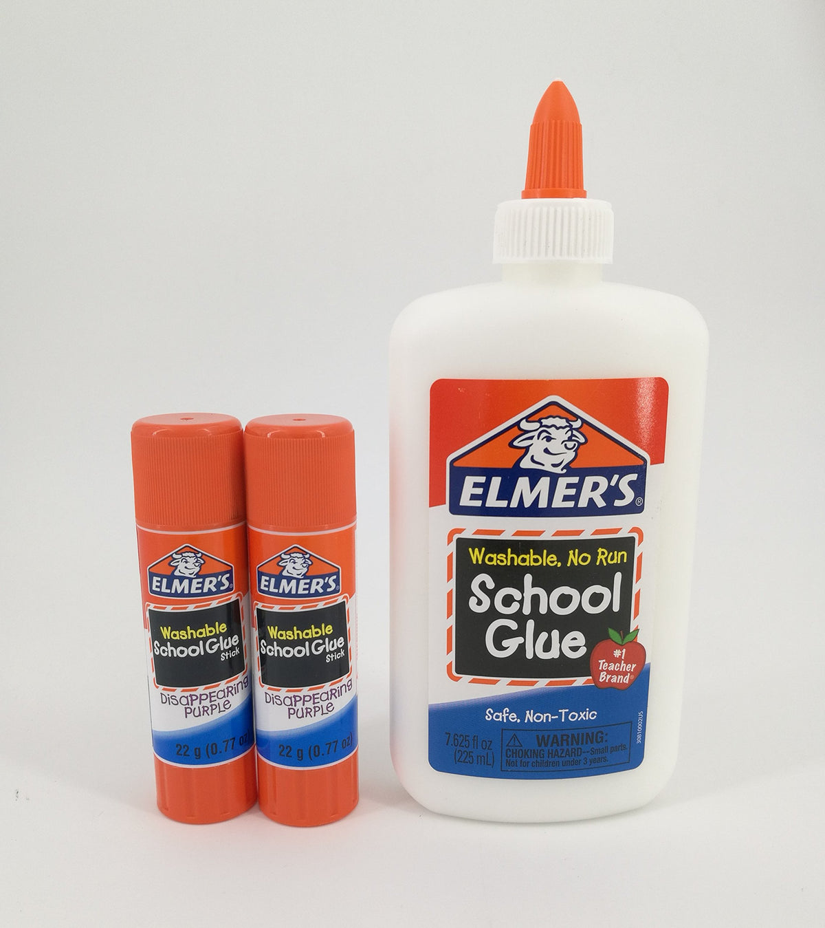 Elmer's washable liquid glue bottle and purple glue sticks bundle, ideal for kids' crafts and classroom projects.