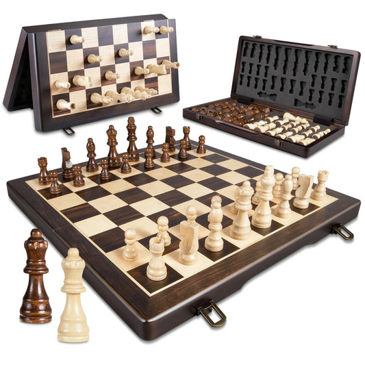 ELONGDI magnetic wooden chess board folding for travel and stable play