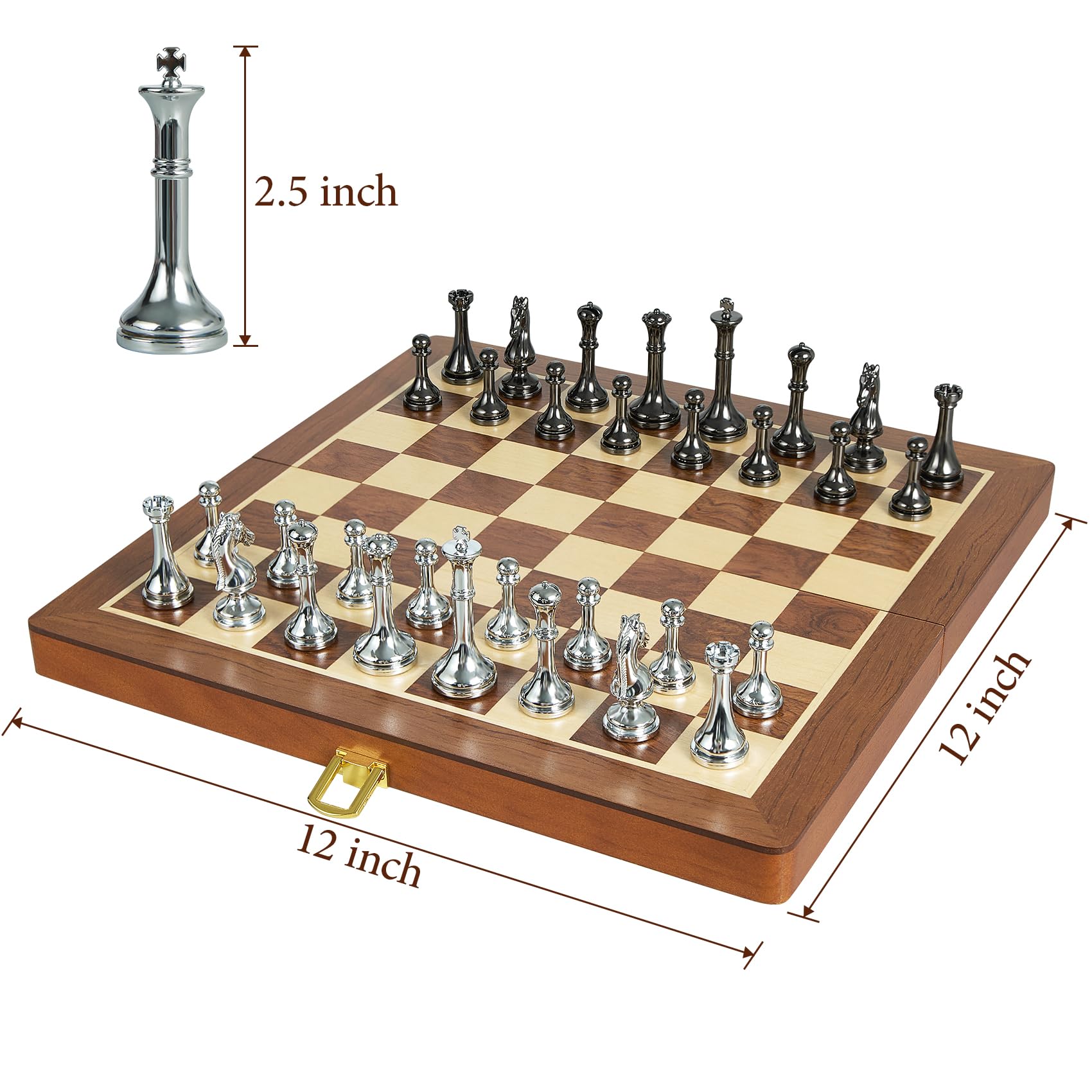ELONGDI metal chess pieces close-up highlighting sleek finish and balance.