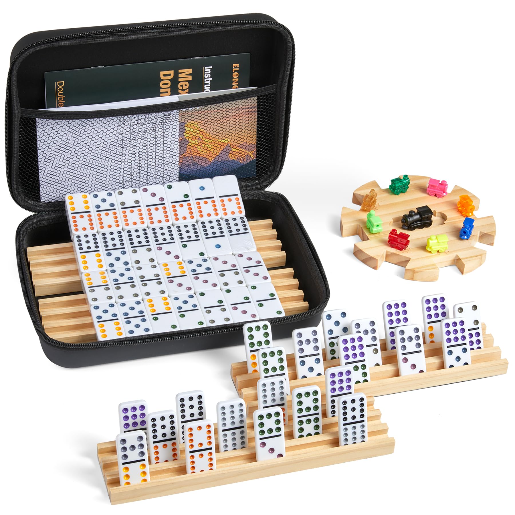 ELONGDI Mexican Train dominoes set tiles in vivid colors for engaging family game nights