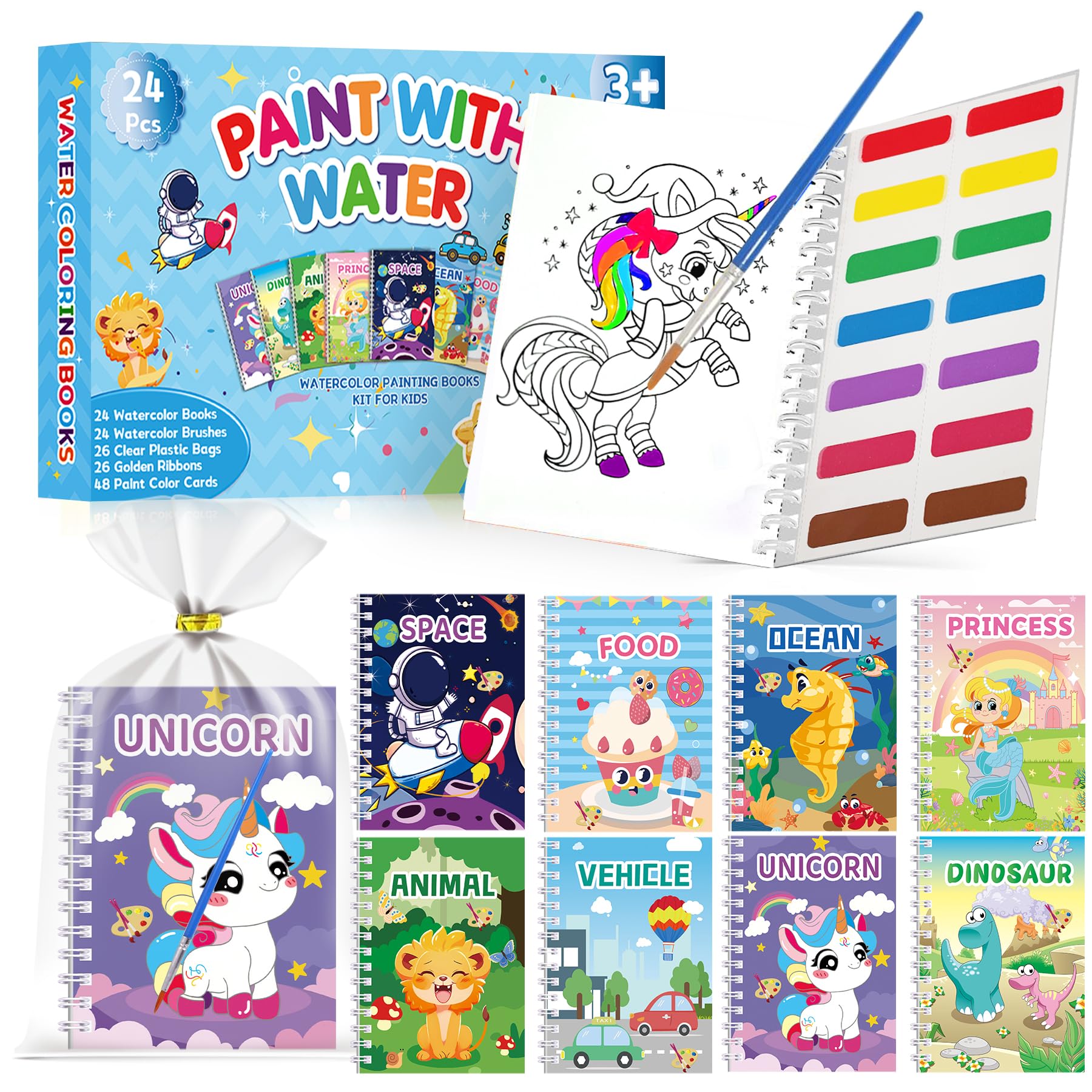 Elover 24-pack watercolor book cover open shows vibrant themes for kids' party favors.