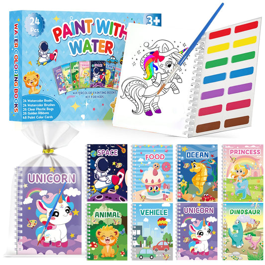 Elover 24-pack watercolor book cover open shows vibrant themes for kids' party favors.