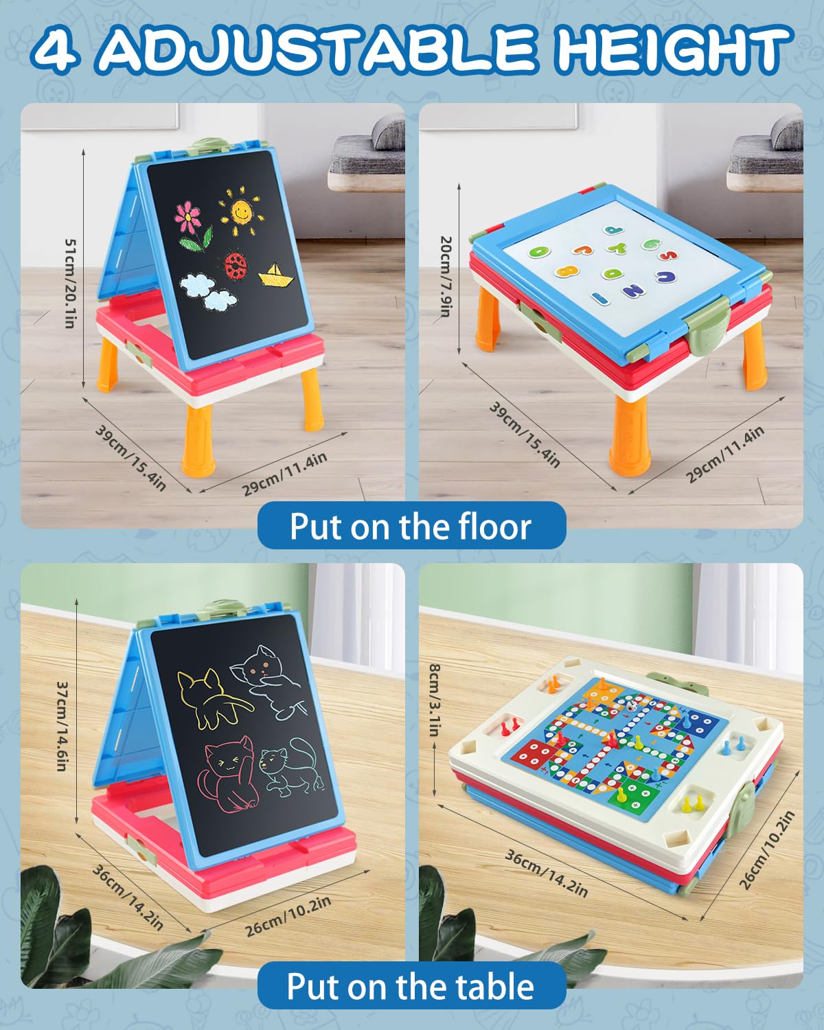 Elovien easel features chalkboard and magnetic whiteboard for varied learning activities