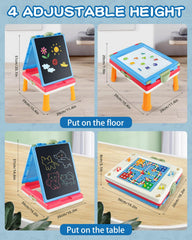 Elovien easel features chalkboard and magnetic whiteboard for varied learning activities