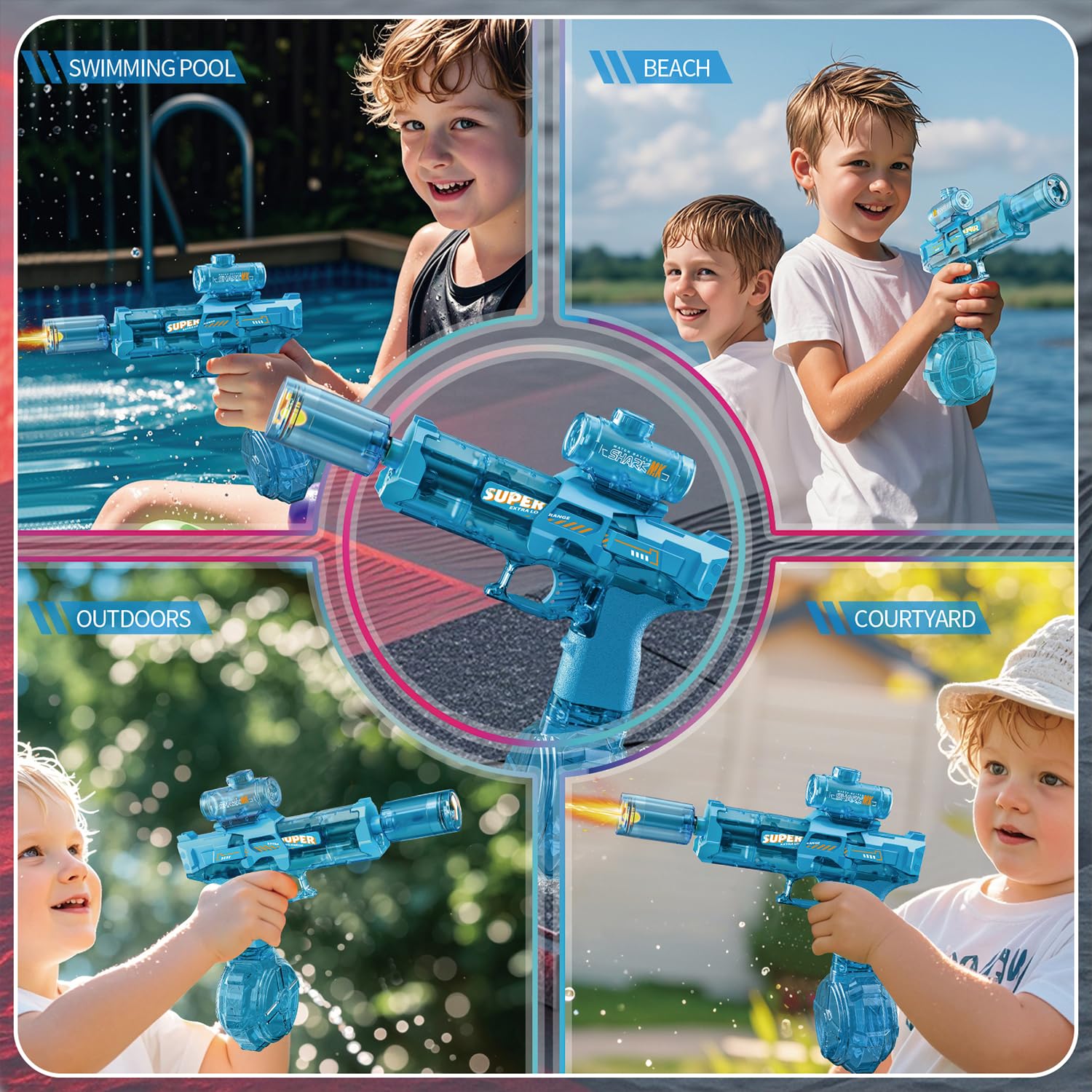 ELPSCGROO blue-black water gun ideal for kids and adults at the beach.