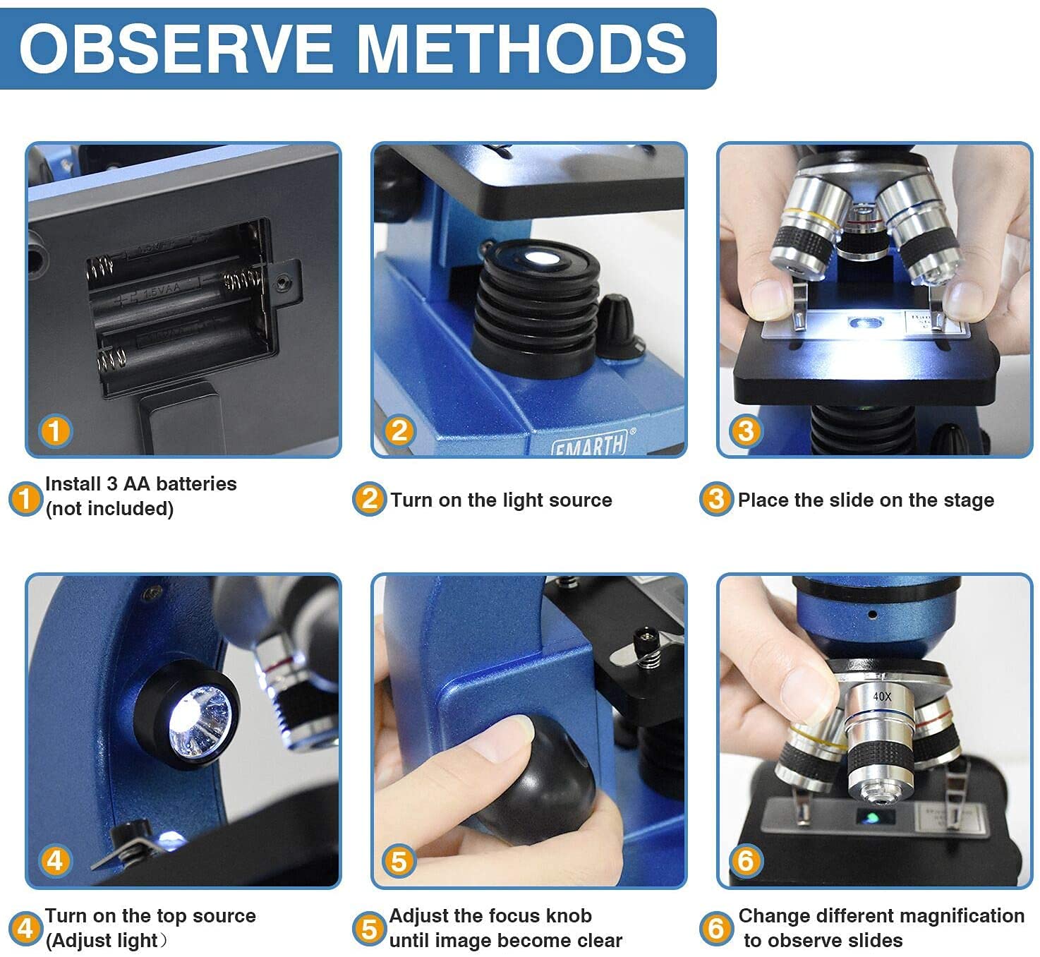 Emarth microscope showing six color filters for richer specimen visualization.