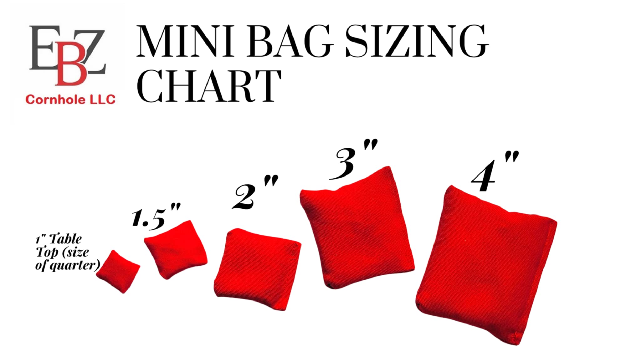 Four-pack display of EmbroideryByZevotek red mini cornhole bags ready for play.