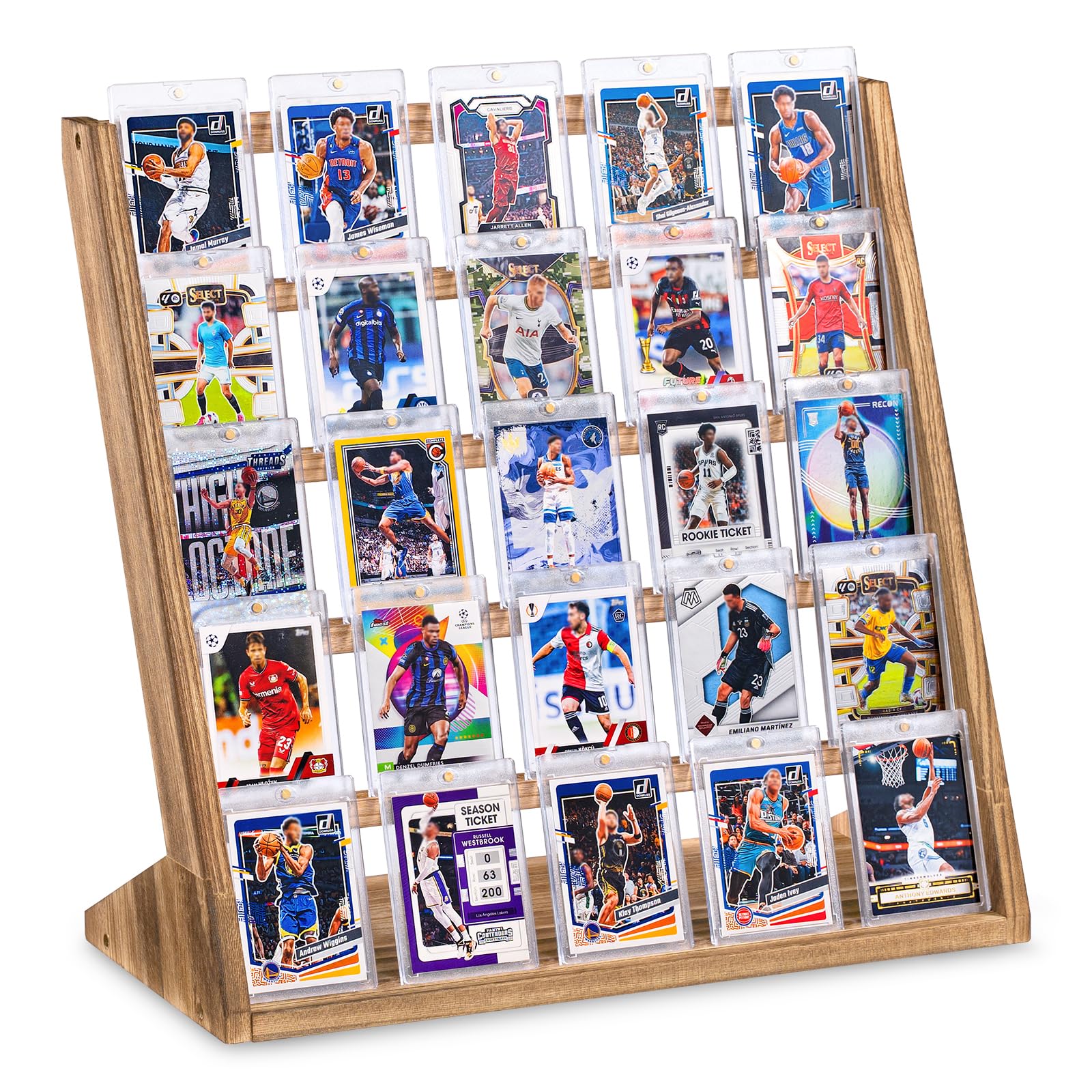 Emfogo 5-tier wooden display stand showcases cards with a rustic, timeless backdrop.