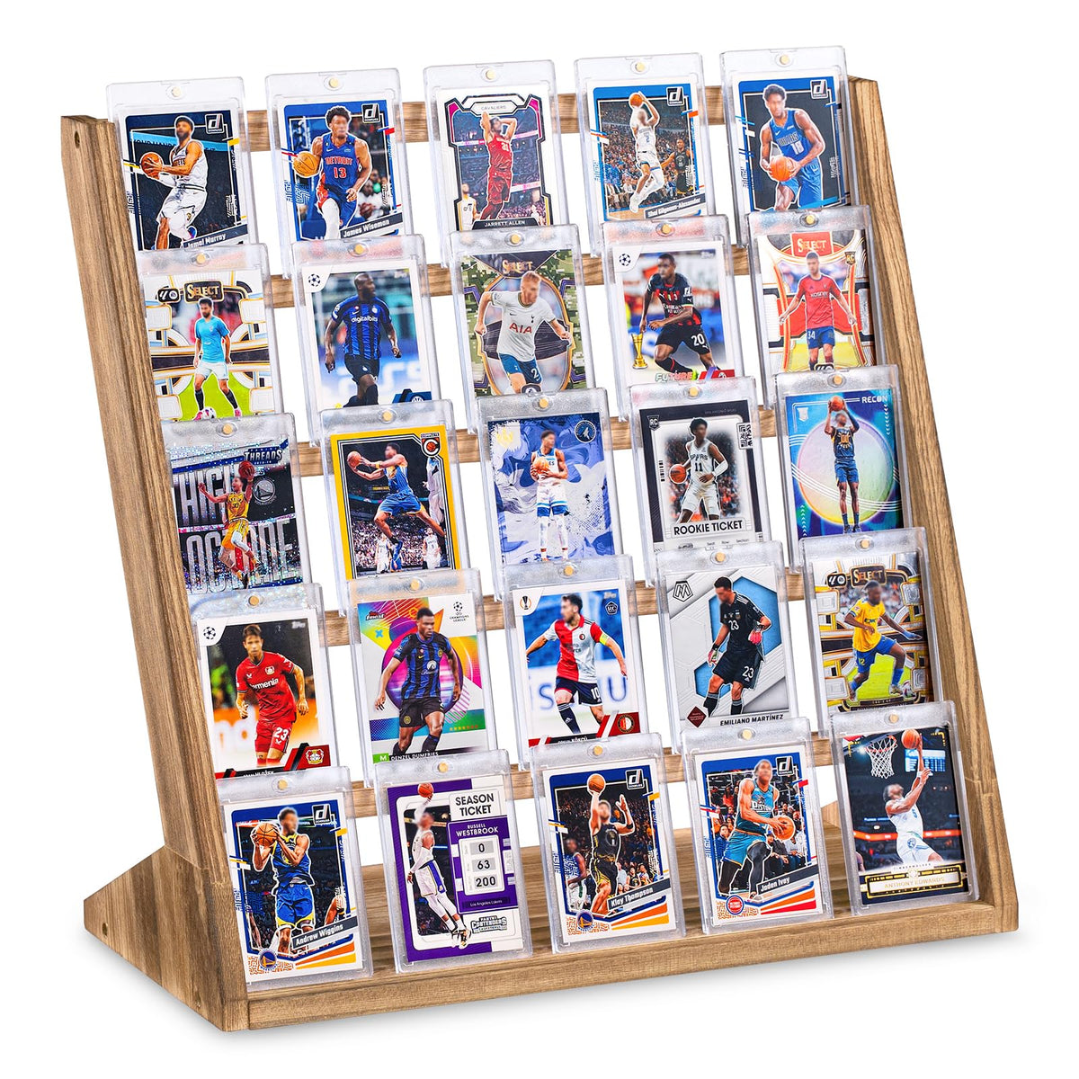Emfogo 5-tier wooden display stand showcases cards with a rustic, timeless backdrop.