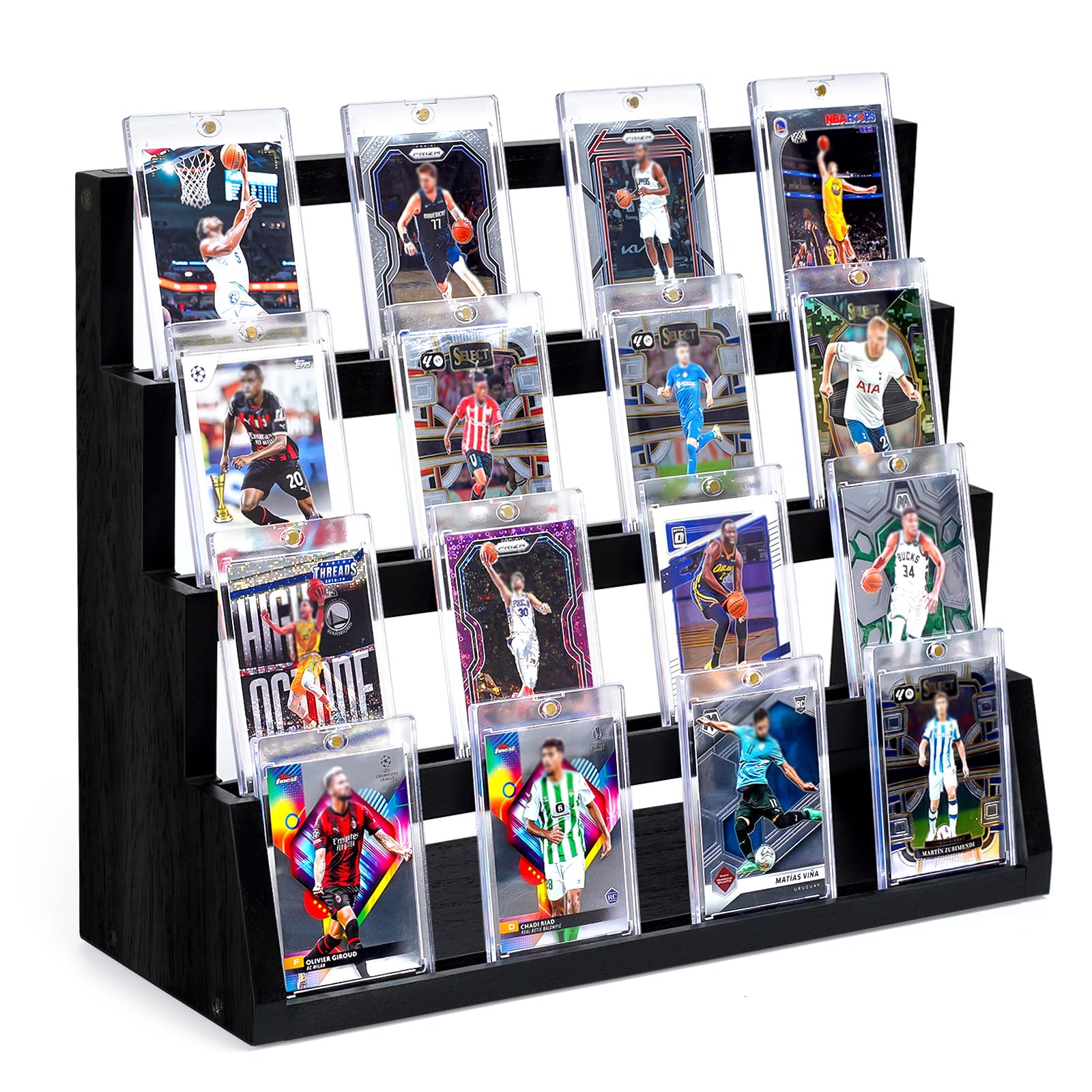 Emfogo 4-tier card display stand with cards arranged for easy viewing