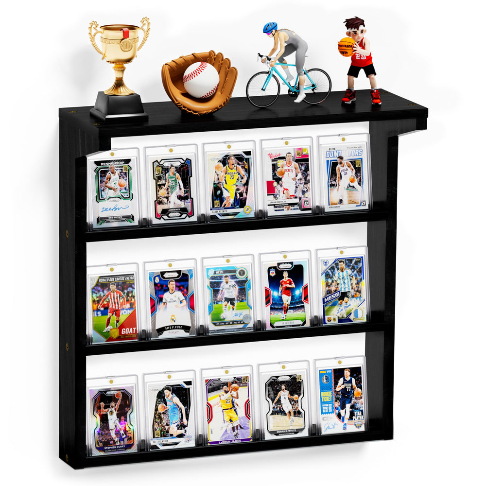 Emfogo wall-mounted 3-tier wooden display stand shows cards securely