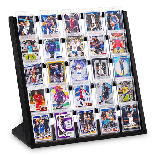 Emfogo wooden 5-tier trading card display stand in black finish for graded cards