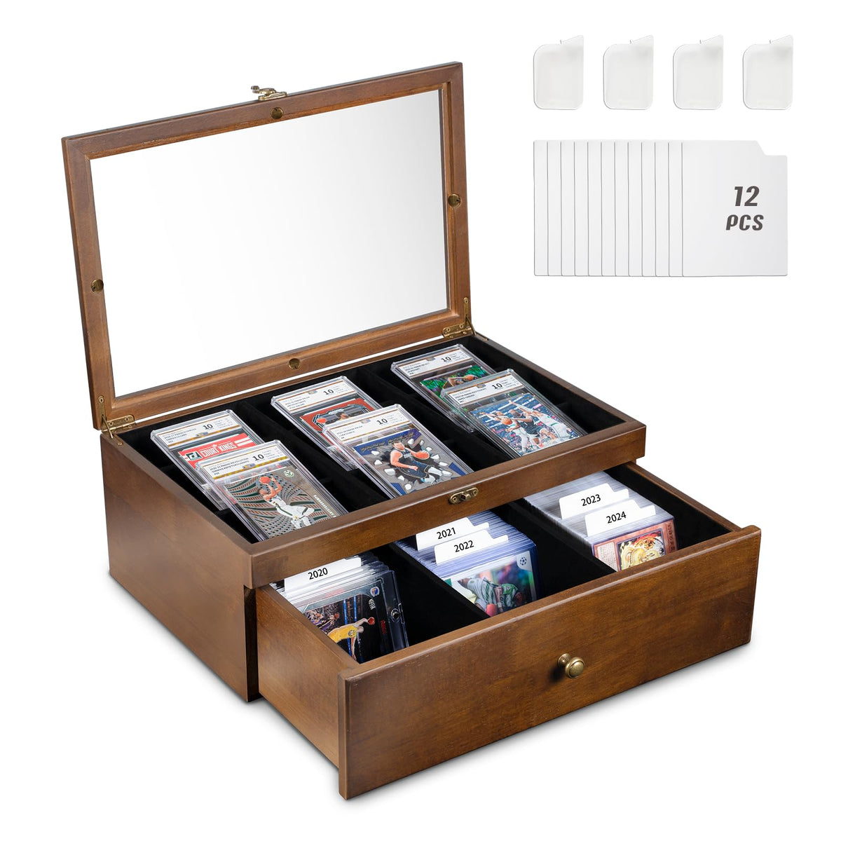 Emfogo trading card storage box with wood drawer and clear window for elegant display and organization